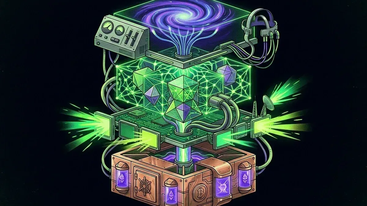 Layered AI-agent control system showing a model, human controls, accounts, and a crypto wallet