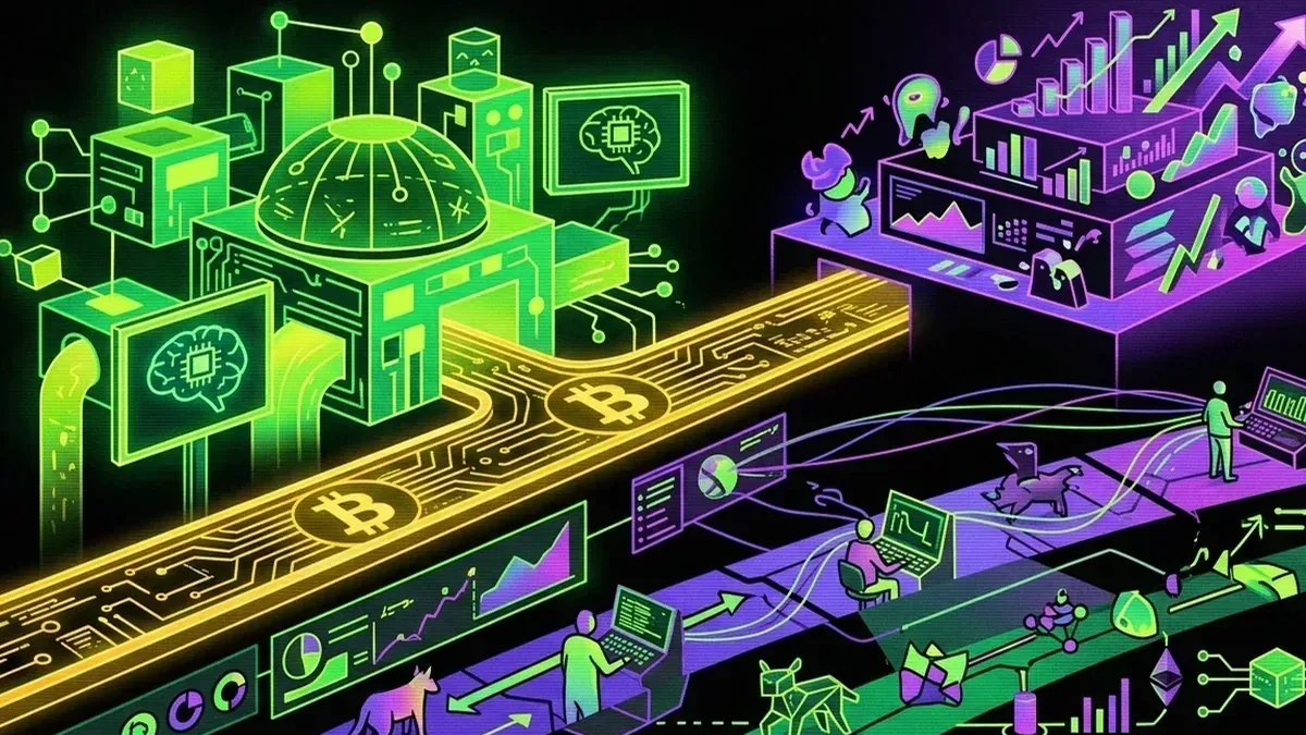 Golden Bitcoin rail funding a green AI laboratory beside a separate purple Solana market