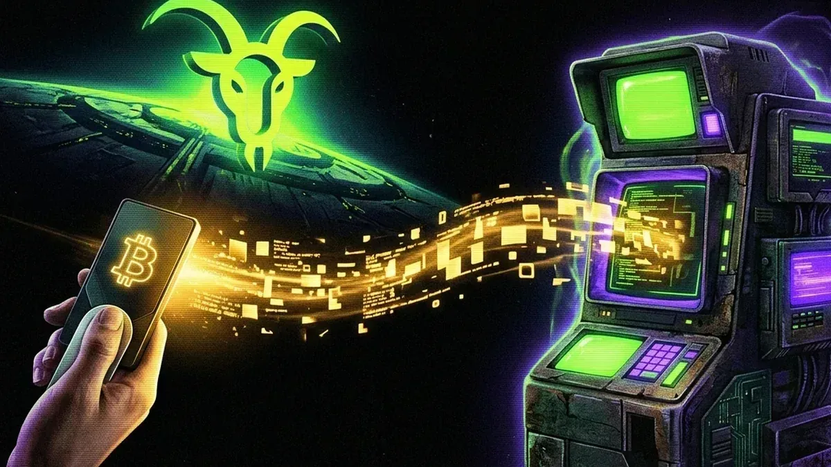 Golden Bitcoin grant traveling from a human wallet toward a green AI terminal and distant goat sigil