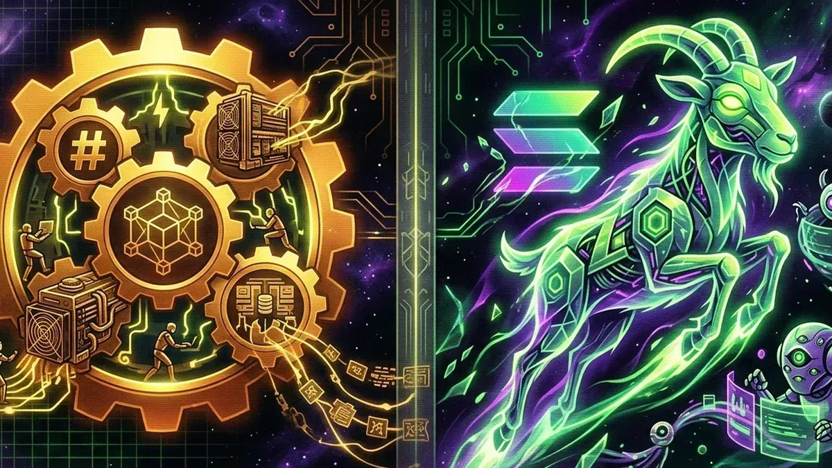 Golden Bitcoin network compared with an electric green GOAT token on Solana