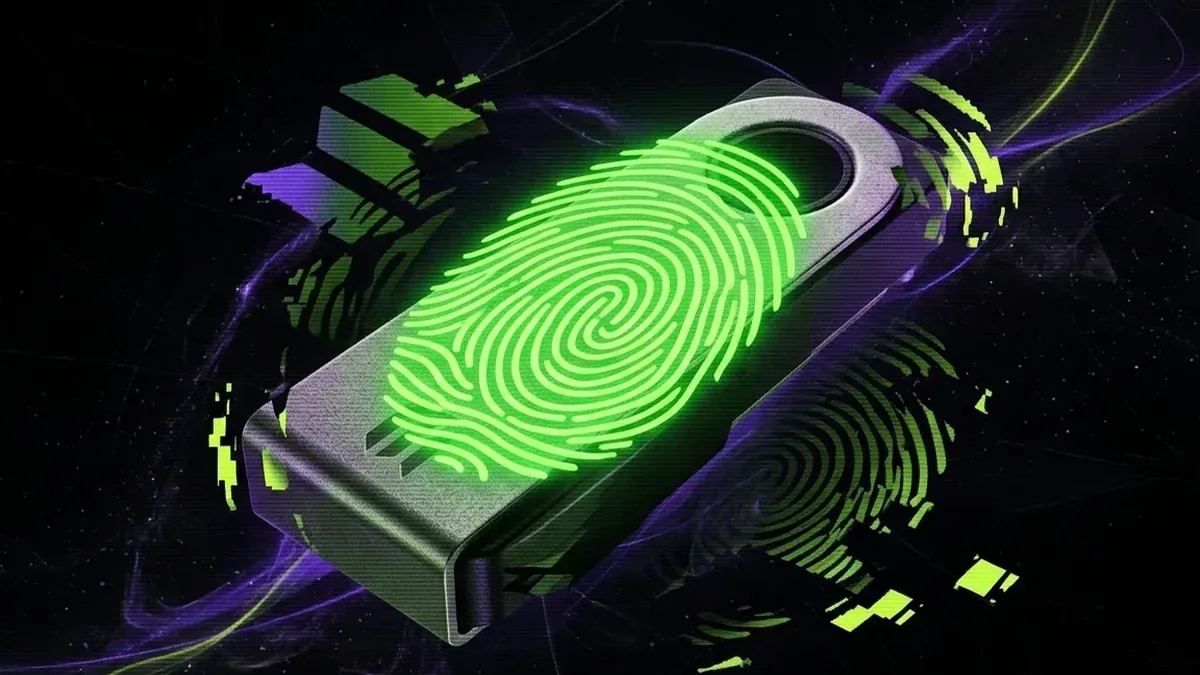 Glowing green fingerprint displayed on a hardware ledger to represent verification of the GOAT Solana mint