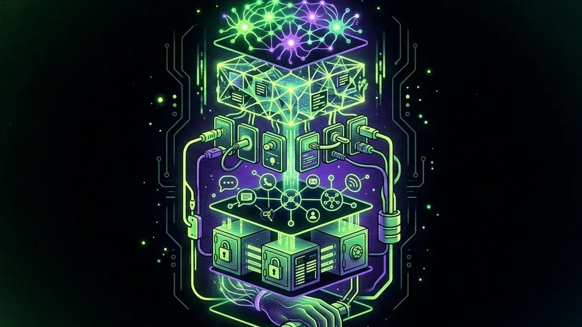 Vertical AI-agent stack connecting model, memory, tools, social account, wallet, and human oversight