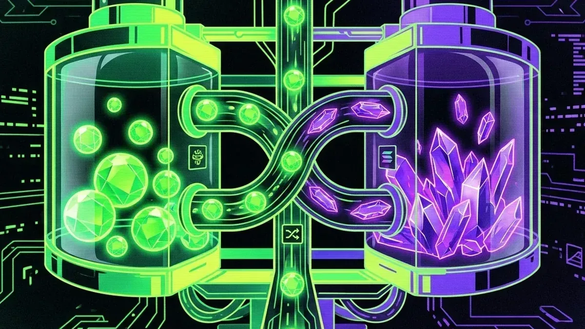 Balanced reservoirs of green GOAT tokens and purple SOL crystals connected by swap channels