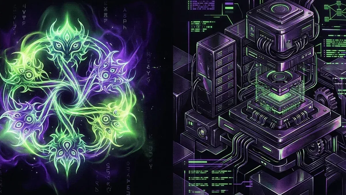 Green cultural token sigil compared with a purple AI protocol machine on a black background