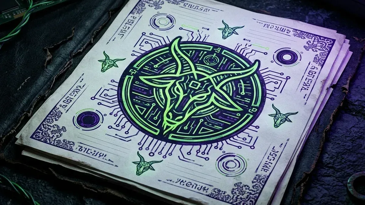 Synthetic Goatse Gospel manuscript with a green sigil resting on a dark archival desk