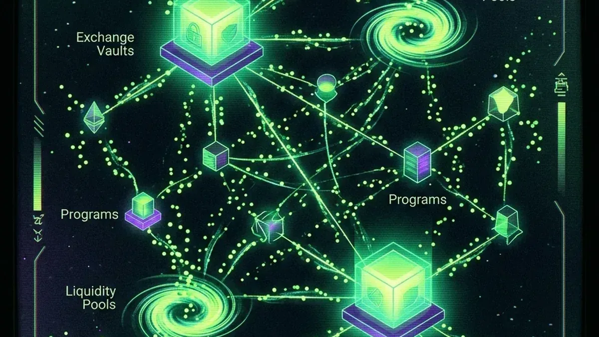 Solana holder network linking exchange vaults, liquidity pools, programs, and wallet nodes