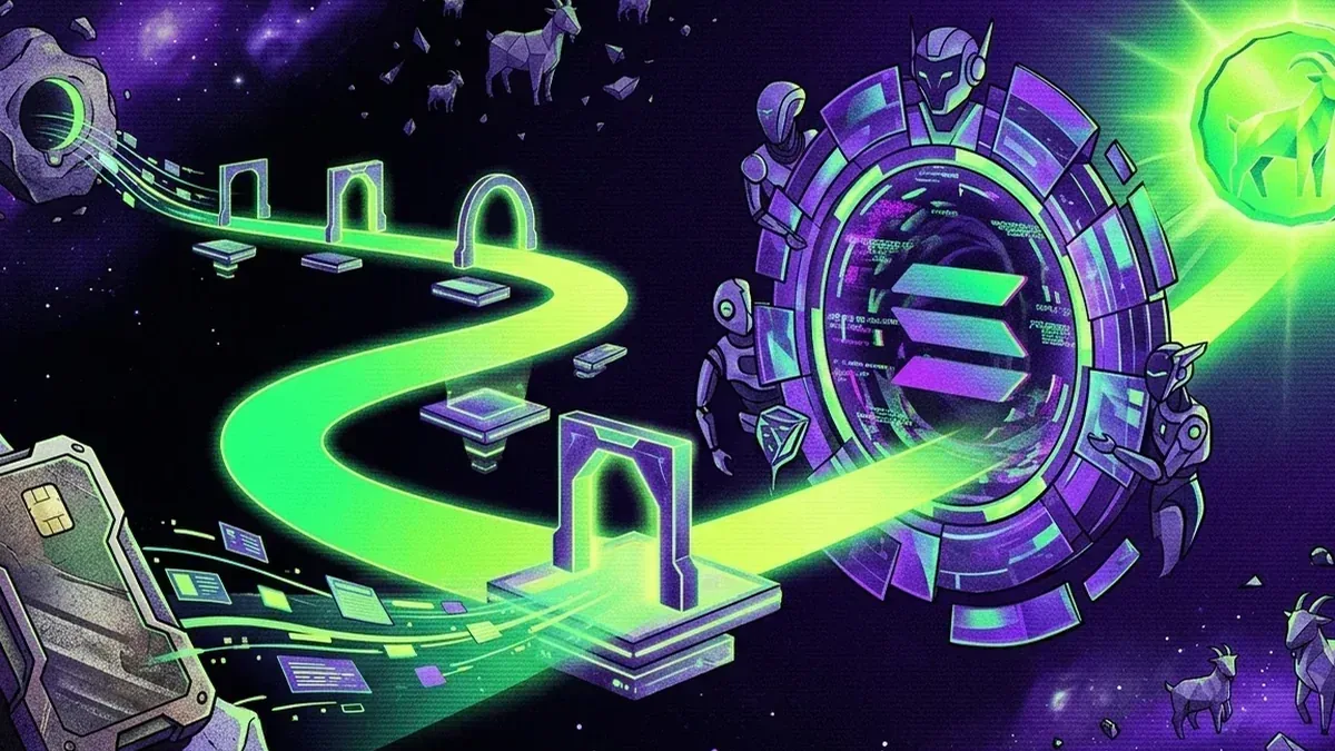 Secure path connecting a hardware wallet, Solana swap portal, and GOAT token across a dark space scene