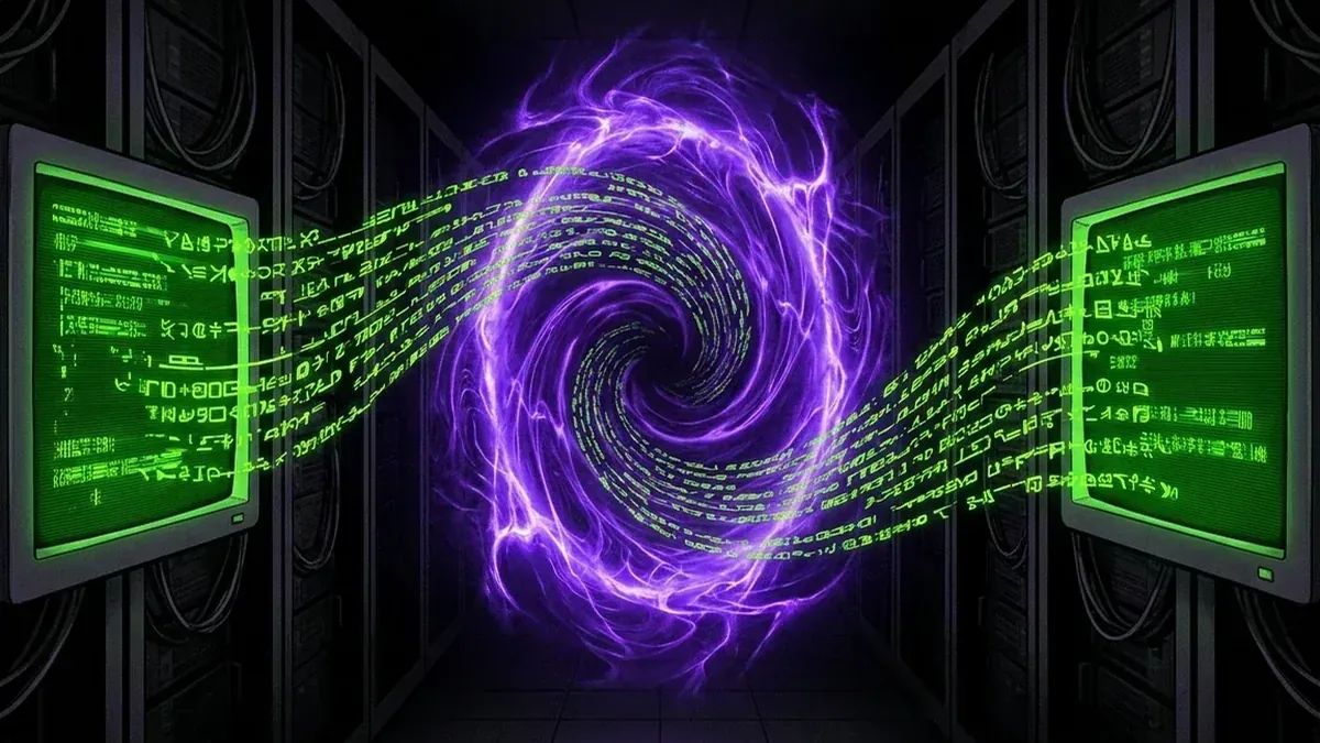 Two AI terminals exchanging green text through a purple portal in an endless server corridor