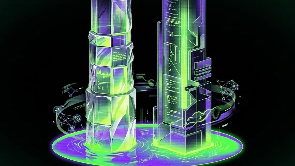 Two translucent valuation towers standing above a small neon liquidity pool
