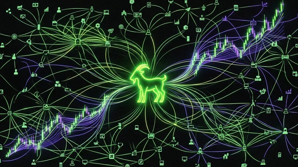 Human and AI network nodes coordinating around a luminous green goat symbol