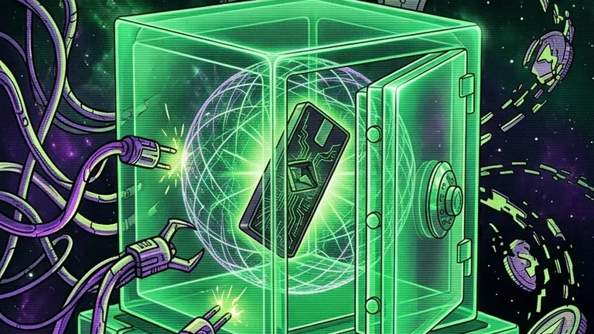 Hardware wallet sealed inside a transparent green vault while suspicious cables surround it