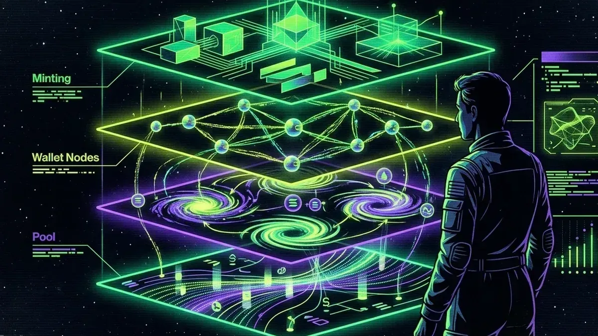 Researcher examining a layered Solana ledger of mint, wallet, pool, and transaction nodes