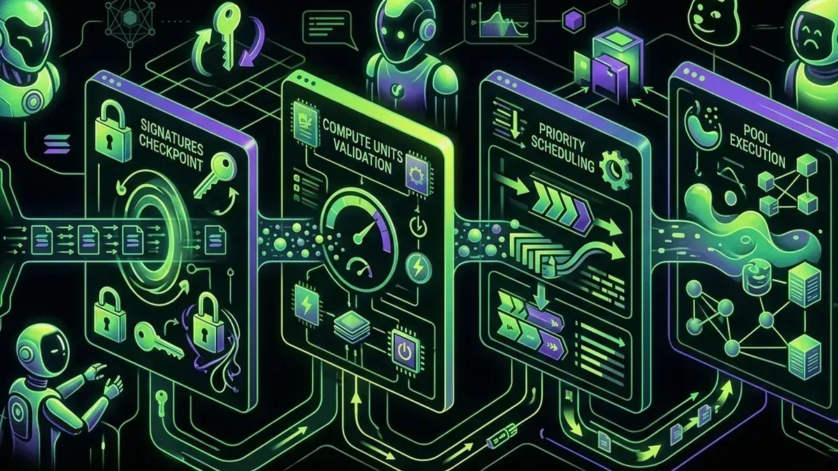 Solana transaction passing through signature, compute, priority, and liquidity checkpoints