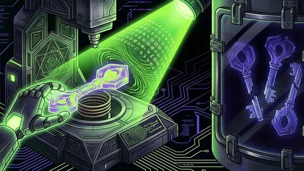 Mint machine and authority keys examined under green verification light beside a sealed vault