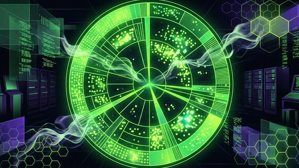 Circular green token-supply visualization glowing inside a black data chamber