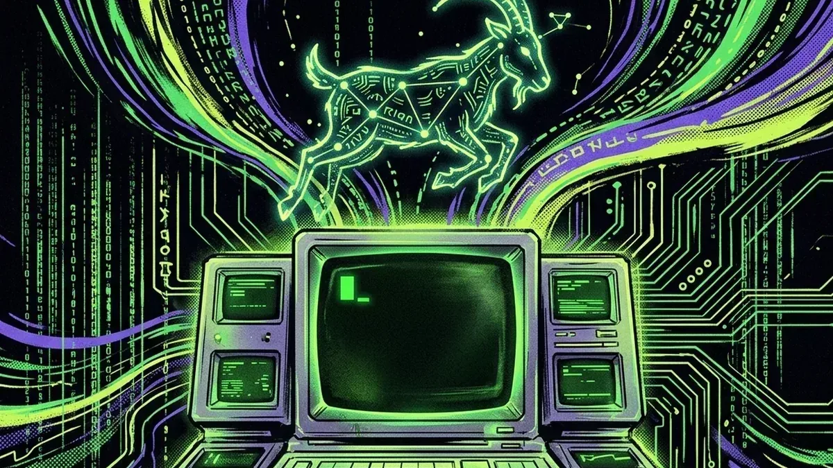 Retro Truth Terminal computer beneath a wireframe goat formed from green and purple circuit streams
