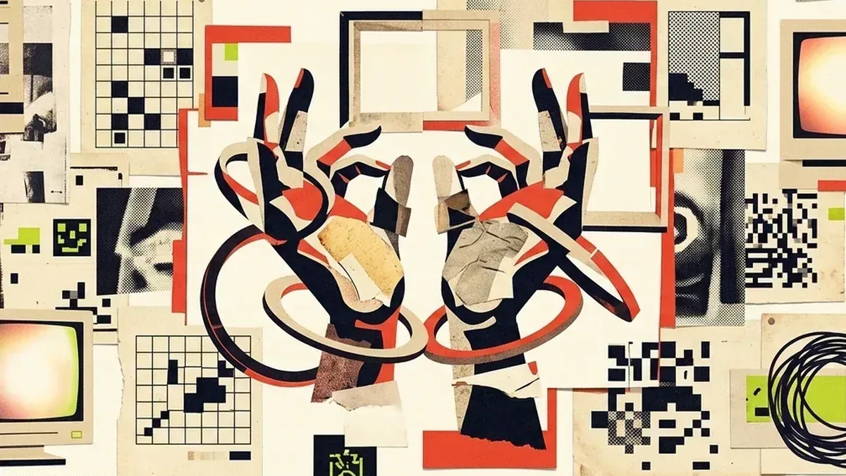 Mirrored collage figures compare two AI-memecoin narratives across archival screens and market grids