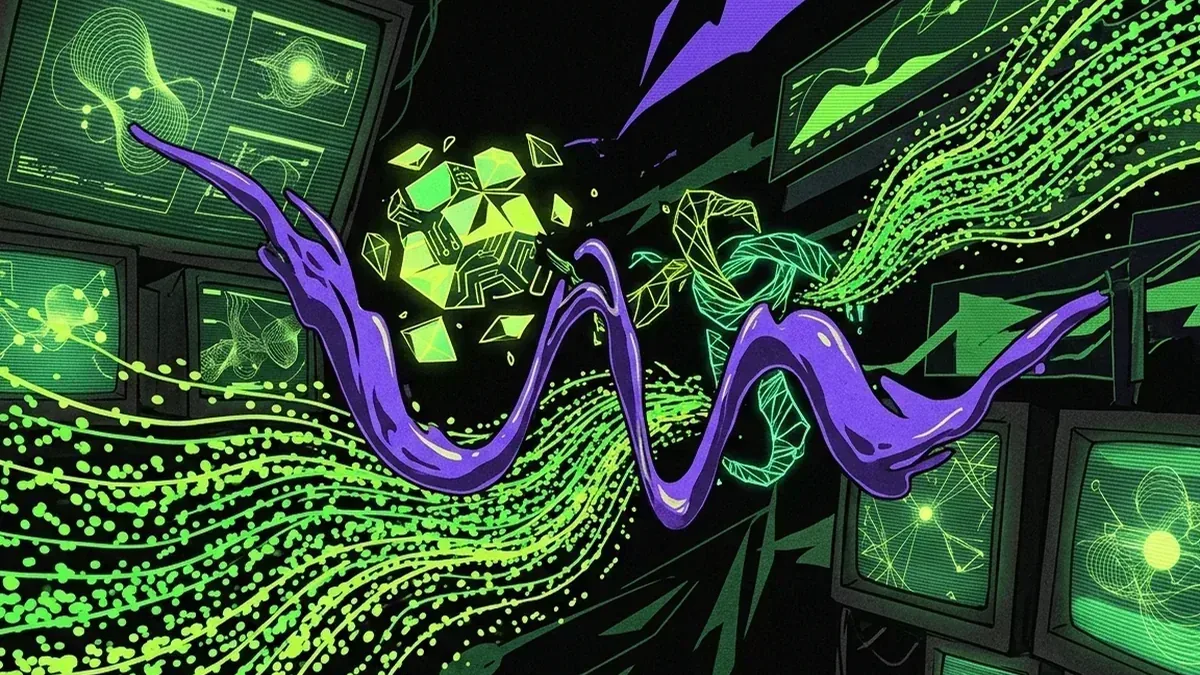 Green trading streams crossing a market terminal while a purple volatility wave bends around them