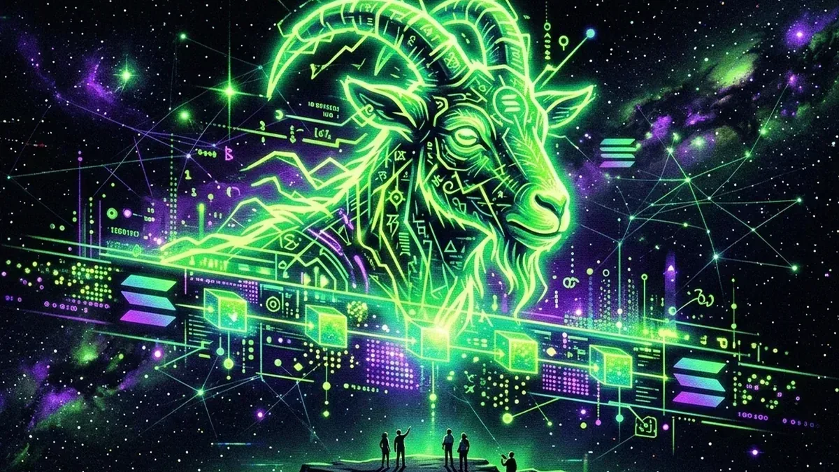 Neon green Goatseus Maximus figure emerging above a Solana ledger in a star-filled digital landscape