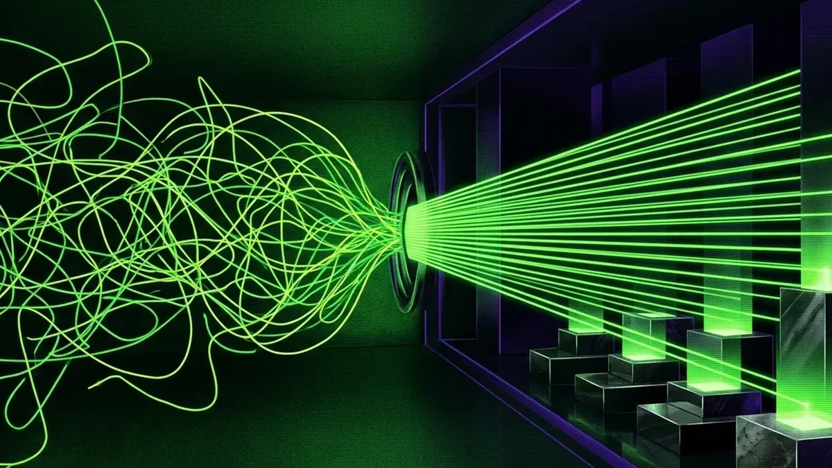 Tangled green inquiry threads converging into clean parallel beams that land on solid answer plinths