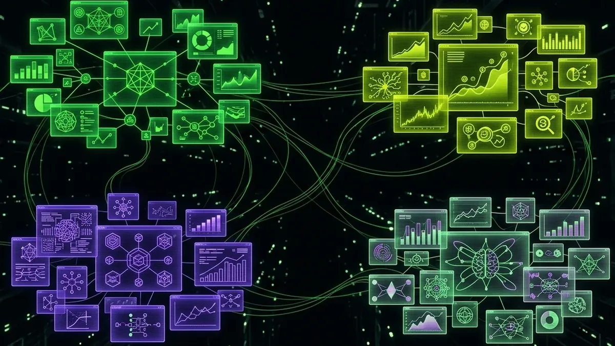 Floating translucent research panels arranged into four luminous clusters joined by fine green filament paths