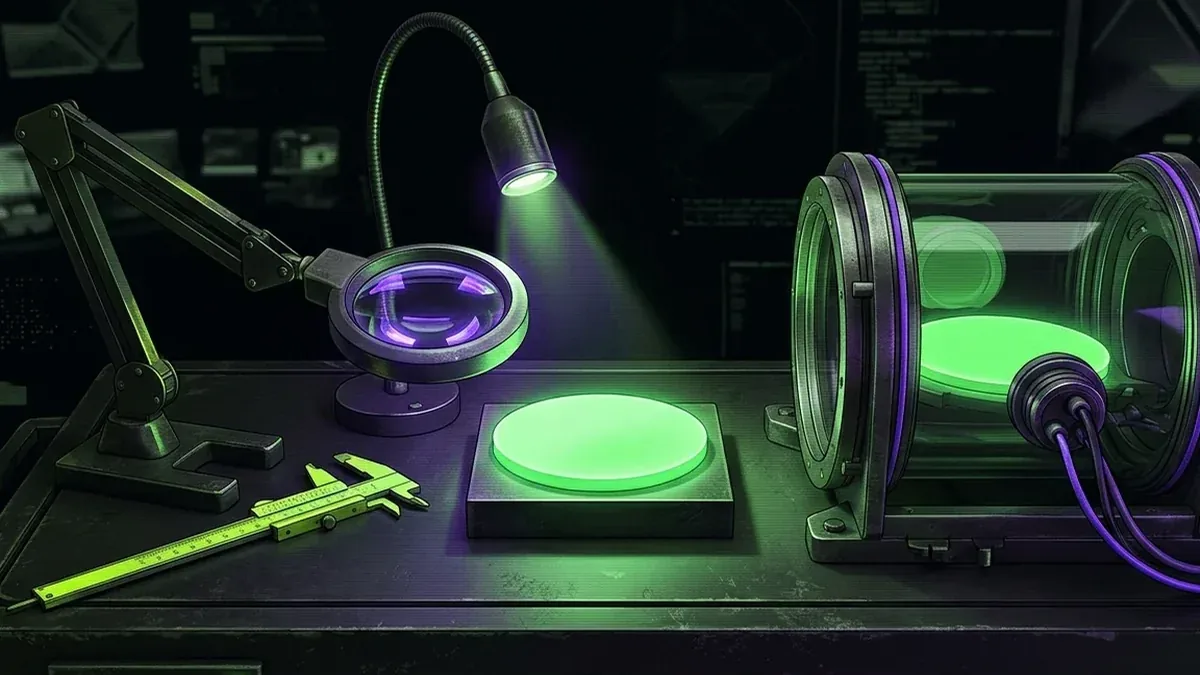 A precision instrument bench with calipers, a magnifier and an inspection lamp trained on a plain glowing green token disc