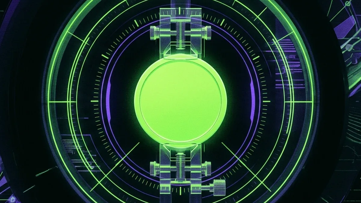 A plain unmarked luminous green token disc held in a precision verification clamp inside concentric measurement rings